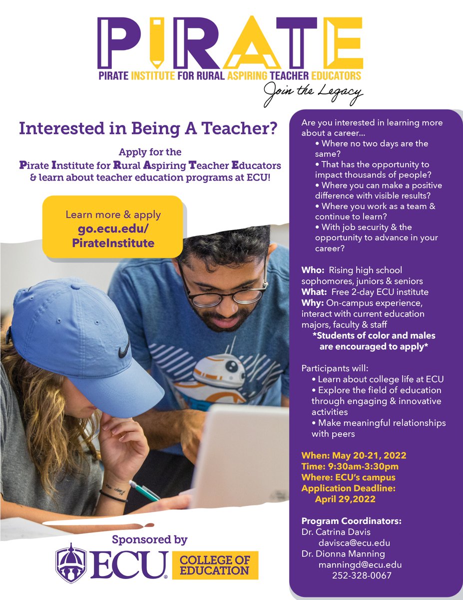 We are excited to announce the PIRATE (Pirate Institute for Rural Aspiring Teacher Educators) program for high schoolers interested in becoming teachers.

Learn more about this free 2-day experience in May ➡️ go.ecu.edu/PirateInstitute
