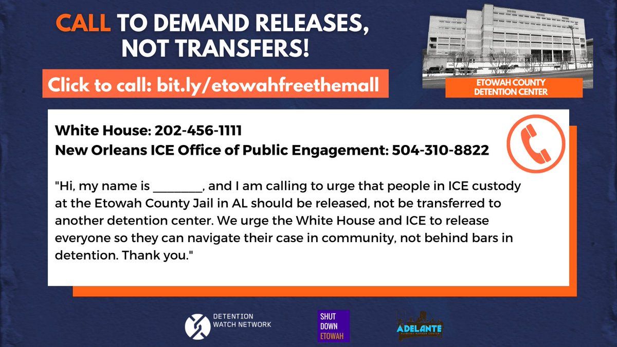 DetentionWatch's tweet photo. Immigrants detained at Etowah have been deported and transferred since ICE announced the end of the contract, there are now rumors that everyone will be transferred out this week. Help us continue to put pressure to demand ICE #FreeThemAll by taking action below! https://t.co/5SeriN60Uo