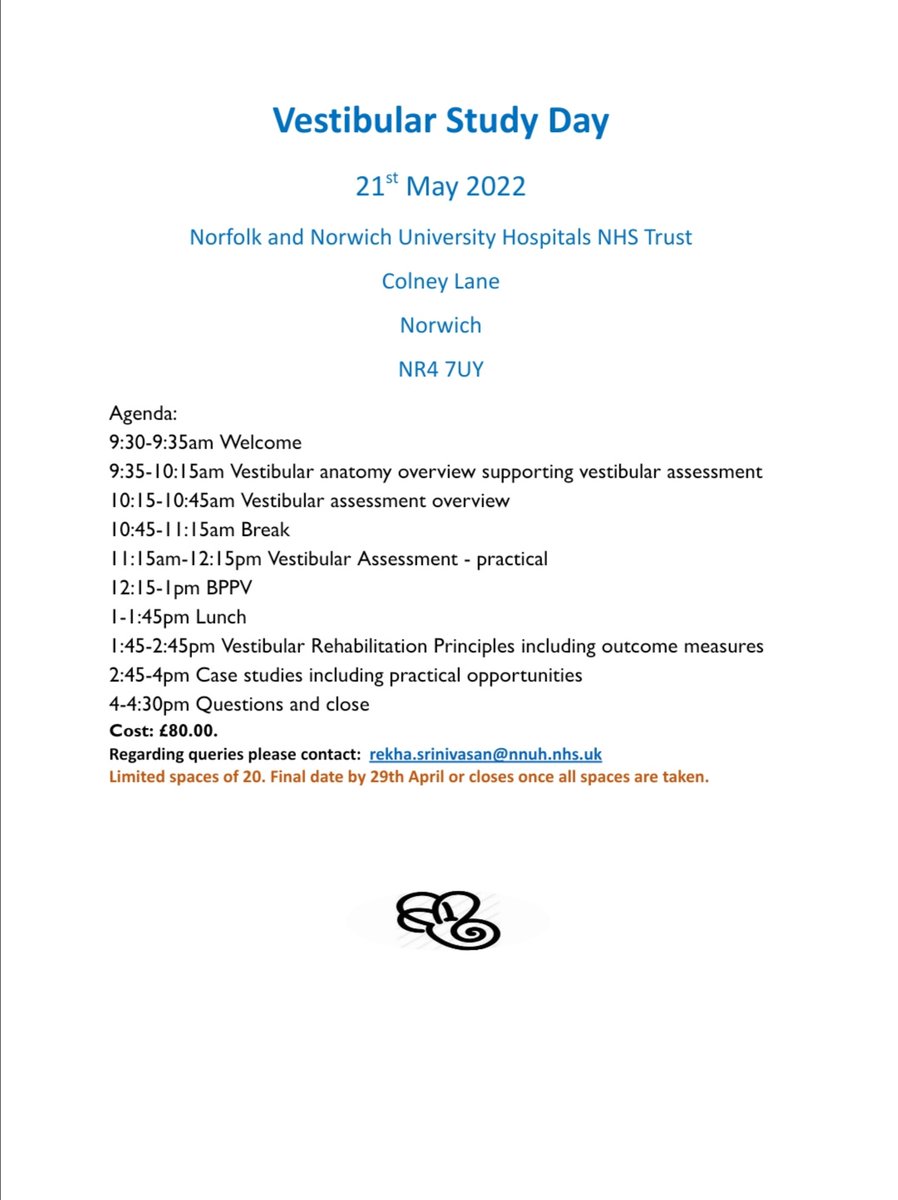 We @NNUHphysio are hosting vestibular study day @NNUH on 21st May! Very rare opportunity to have such a specialist course in Norfolk. @BeckRayner @Kath1872 @nikkiwphysio @acpin_EA @acpivr