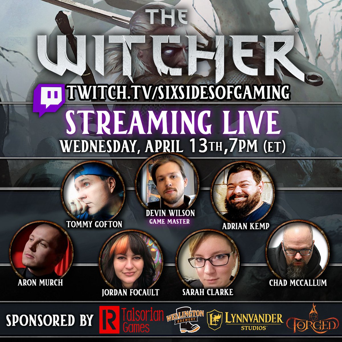 Wednesday, April 13th at 7 pm est / 4 pm pst on Twitch we will be running the first module of the Witcher's Book of Tales! We'll be playing every Wednesday thereafter thanks to our sponsors <a href="/RTalsorianGames/">R. Talsorian Games</a>, <a href="/Lynnvander/">Lynnvander</a>, and <a href="/ForgedGamingCo/">Forged Gaming</a>. Watch us at bit.ly/3HKCEbF