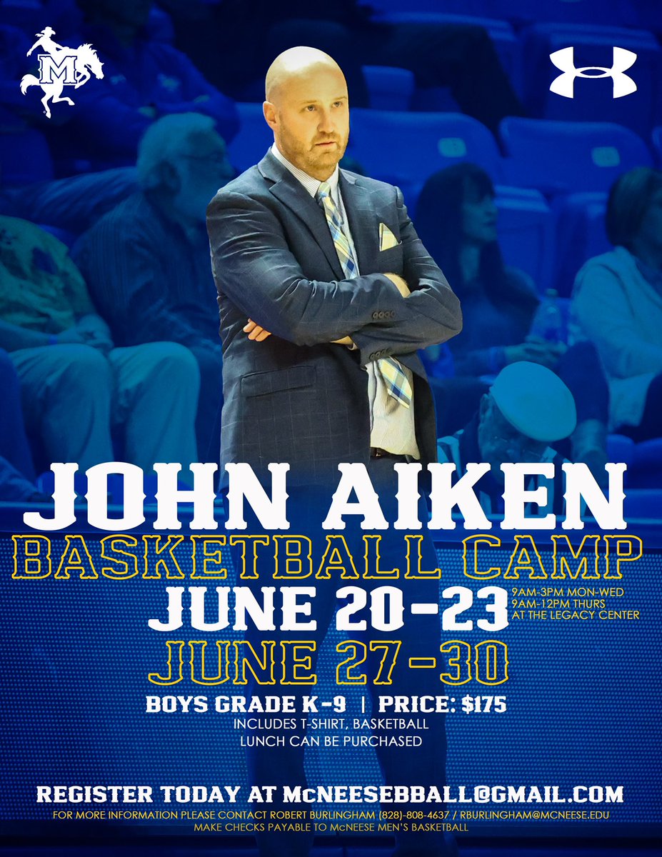 McNeeseMBB's tweet photo. The 🏀John Aiken Basketball Camp🏀 is making its debut this summer! Send us an email to hold your spot 🤠 #writeOURstory https://t.co/mQyqVZANUT