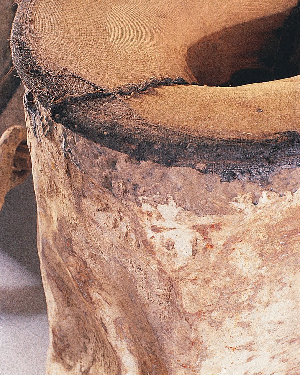 For “Tengo Celos” 1987, I found the cement buckets used in construction and dressed them with pantyhose of various colours, admiring the single or double holes they created.  I then applied dirt, cement, stains and tar to them. #pantyhose #retrospective