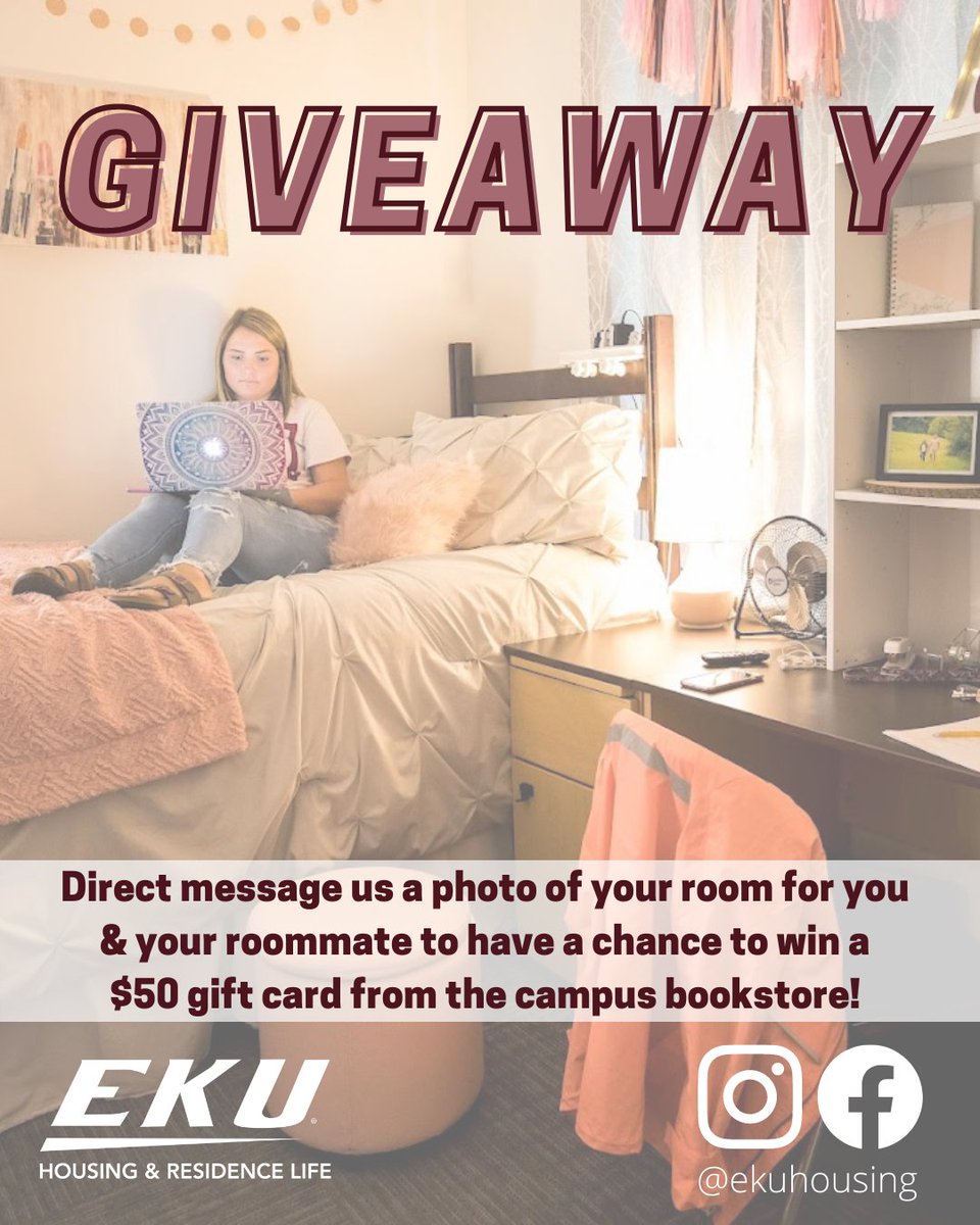 Do you think you have the coolest room in your residence hall? DM us a picture of you room for you and your roommate to each win a $50 gift card to the campus bookstore! 💰 Contest ends April 20th.

For the full contest rules, please visit housing.eku.edu/coolest-room-c…