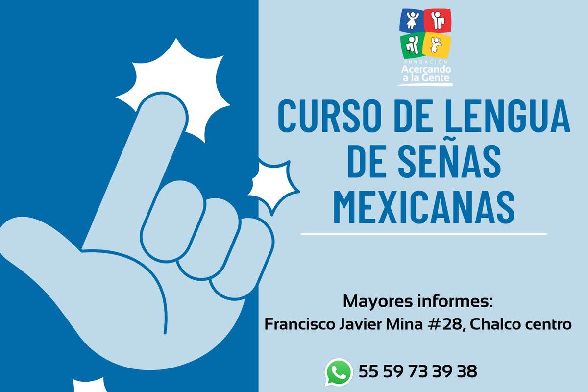 Fund_Acercando's tweet photo. Sigamos fomentando la inclusión en nuestra sociedad ¡Inscríbete al 𝘾𝙪𝙧𝙨𝙤 𝙙𝙚 𝙇𝙚𝙣𝙜𝙪𝙖 𝙙𝙚 𝙎𝙚𝙣̃𝙖𝙨 𝙈𝙚𝙭𝙞𝙘𝙖𝙣𝙖𝙨! 🙌🏻
Iniciamos el 26 de abril. Más información. 👇🏻
📞55 59 73 39 38
📍Francisco Javier Mina #28 B, #Chalco Centro.
#EstamosContigo #AcercandoSonrisas https://t.co/hHJsdGYbTD