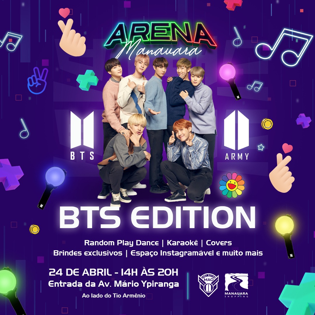 armynationmao's tweet photo. 2! 3! Atenção, Army! 🕺
Prepare-se para viver uma experiência incrível no @_ManauaraShop! 🤩

🗓 Dia 24/04 de 14h às 20h tem Arena Manauara: BTS Edition! Soli jilleo~!!!

Vai ter muito Cover, Random Play Dance, Karaokê, Brindes, Espaço instagramável e muuuuito mais! 🧈 https://t.co/5MWekvwoPt
