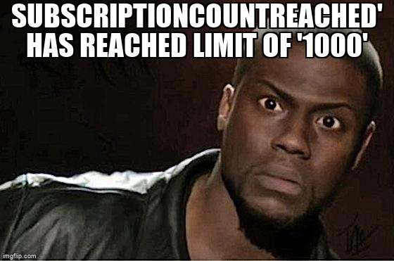 overflow_meme's tweet image. SubscriptionCountReached' has reached limit of '1000' stackoverflow.com/questions/7184… #azureactivedirectory #microsoftgraphapi