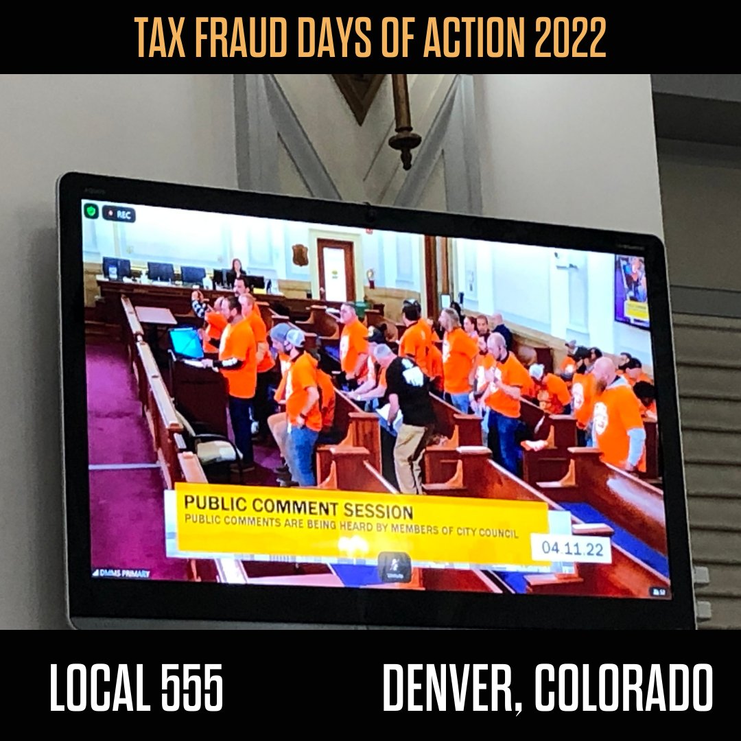 WSCarpenters's tweet photo. Construction industry tax fraud continues to steal billions from our communities. Crooked contractors must be stopped. #Local555 made their voices heard to the Denver City Council.   

#StopTaxFraud #TFDOA2022 #SouthwestCarpenters #ImpactsMe #StandingUpToTaxFraud https://t.co/t5Dbeg23ZQ