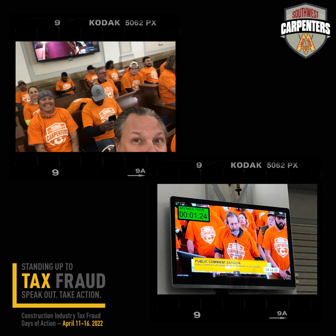 WSCarpenters's tweet photo. Construction industry tax fraud continues to steal billions from our communities. Crooked contractors must be stopped. #Local555 made their voices heard to the Denver City Council.   

#StopTaxFraud #TFDOA2022 #SouthwestCarpenters #ImpactsMe #StandingUpToTaxFraud https://t.co/t5Dbeg23ZQ