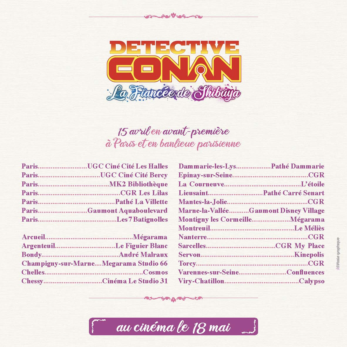 Animascopefr's tweet photo. Le film de Détective Conan - La Fiancée de Shibuya en avant-première en France, dès le 15 avril, le même jour que la sortie japonaise ! Bravo à @infosEurozoom pour cet évenement. Nous sommes heureux d'être partenaire de la sortie le 18 mai. https://t.co/fA1PV5cxYk
