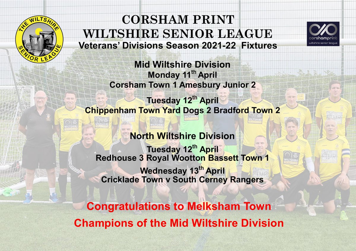 WiltsLeague's tweet photo. Tonight's 2 results in the Veterans' Divisions of the @corshamprint  WSL see @MELKSHAMTOWNFC  crowned champions in the MW Division &amp; @RedhouseFC  put one hand on the NW Division title with a win in their penultimate game. Congratulations to all at Melksham Town. https://t.co/b9wOUdQlzp