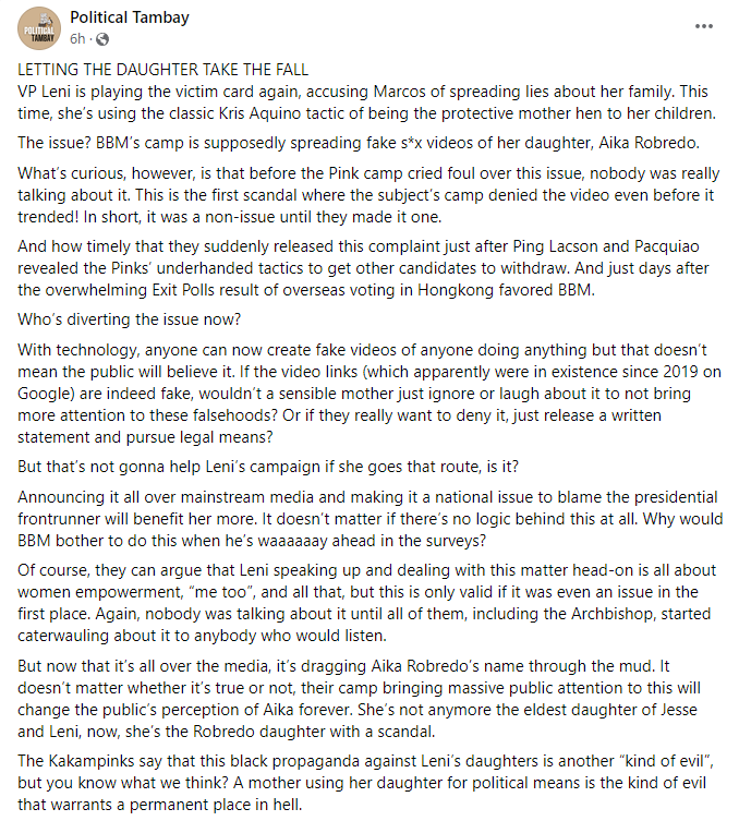 Jasnoza's tweet photo. And I quote "The Kakampinks say that this black propaganda against Leniโs daughters is another โkind of evilโ, but you know what we think? A mother using her daughter for political means is the kind of evil that warrants a permanent place in hell." https://t.co/0atwryPsD5