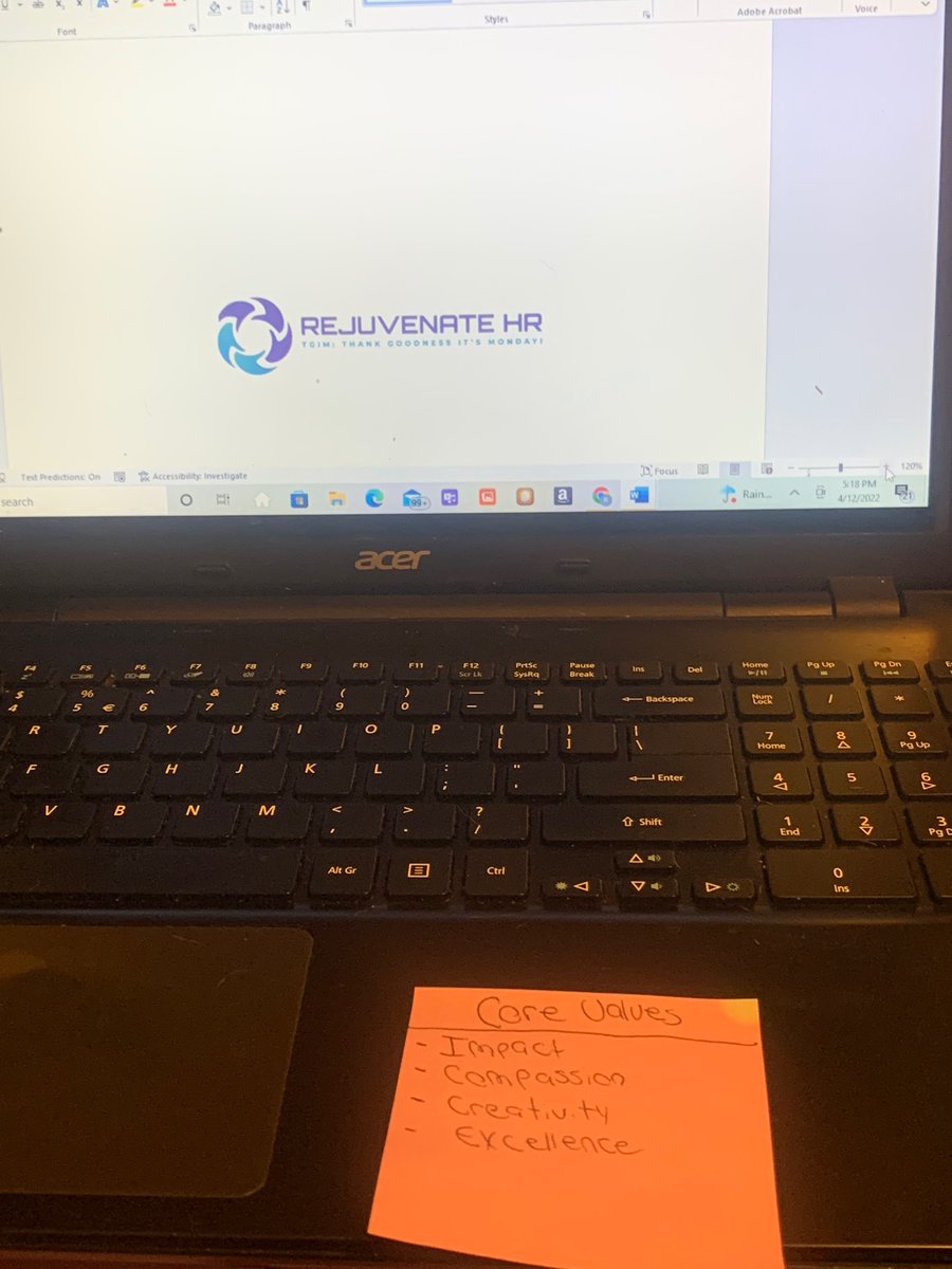 Rejuvenate_HR's tweet photo. Impact, Compassion, Creativity and Excellence. Those are the core values that are woven into the core of who we are at Rejuvenate HR. It’s always nice to have a reminder when I open my laptop. https://t.co/wsIrT1WY4L