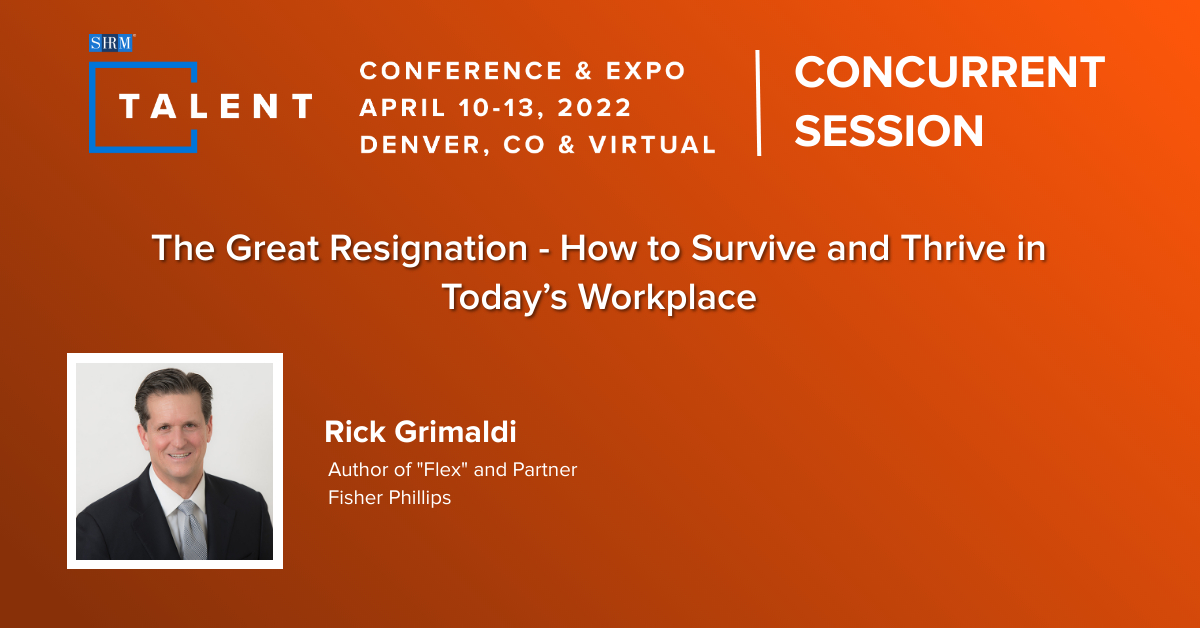 SHRM's tweet photo. .@rickgrimaldi15 is at #SHRMTalent sharing how the #GreatResignation will impact the #workplace with respect to #recruiting and retaining employees of every generation and creating a diverse and inclusive workplace.  https://t.co/vqUBFrlCPe @labor_attorneys #DEI https://t.co/lvJ3rfR0rv