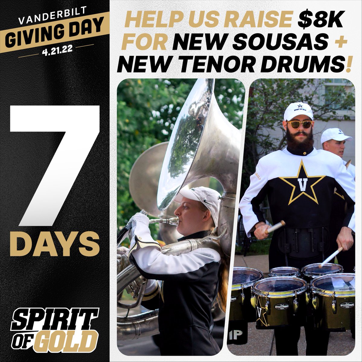Only 7 Days until Giving Day! This year our goal is to raise $8k so that we can continue to replace our fleet of sousaphones &amp; purchase new, lighter tenor drums!
Save the date: April 21st!
#AnchorDown #SOGILTB