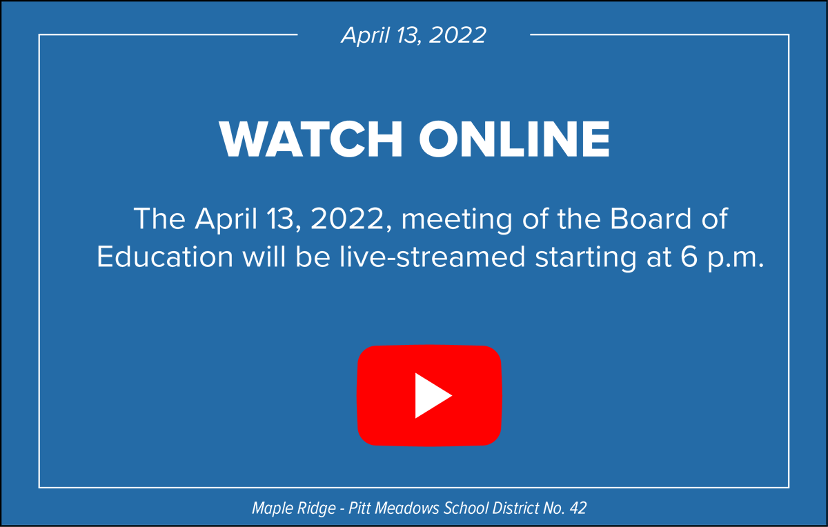 #SD42 Reminder: Tonight’s public meeting of the Board of Education (April 13, 2022) will be live-streamed at bit.ly/3BQbMVm starting at 6 p.m. #MapleRidge #PittMeadows

View the agenda ➡️ bit.ly/367Ogrj