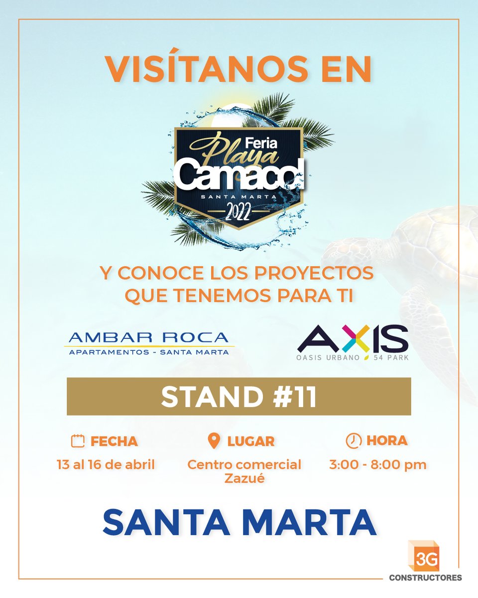 3gconstructores's tweet image. Visítanos en la feria de playa Camacol  en el centro comercial Zazué y conoce los proyectos que tenemos para ti, encuéntranos desde este 13 al 16 de abril de 3:00 a 8:00 PM en el stand #11 ¡Te esperamos!   
@FeriasCAMACOL