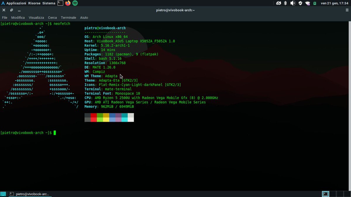 PinguimCriativo's tweet photo. Arch Linux + MATE
By: @tcomarchetti
Tema / Theme: Adapta-Eta
Ícones / Icons: Flat-Remyx-Cyan-Light
Shell: bash
Terminal: mate-terminal
•
Telegram: https://t.co/SyU4JRACjD
•
#Linux #FreeSoftware #OpenSource #SoftwareLivre #LinuxSetup #ArchLinux #MATEDesktop #LigaLinux https://t.co/QcFK0PhnKP