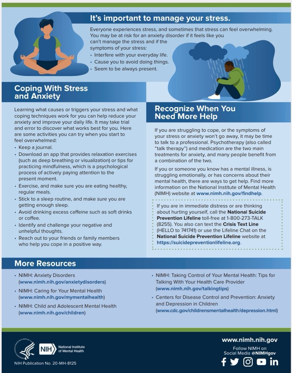 LCC1HS's tweet photo. Is it stress or anxiety? How do you know the difference? Check out this info from the National Institute of Mental Health. Take time to relax and rejuvenate during our upcoming break from school!
#HuskerStrong #MentalHealthMatters https://t.co/bequwI9E46 https://t.co/Xtl3snmyO1