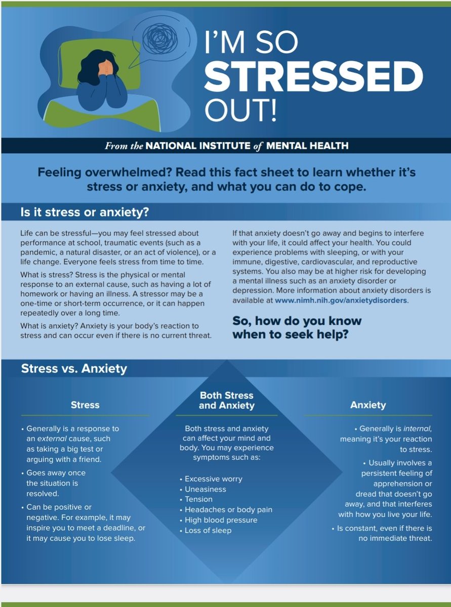 LCC1HS's tweet photo. Is it stress or anxiety? How do you know the difference? Check out this info from the National Institute of Mental Health. Take time to relax and rejuvenate during our upcoming break from school!
#HuskerStrong #MentalHealthMatters https://t.co/bequwI9E46 https://t.co/Xtl3snmyO1