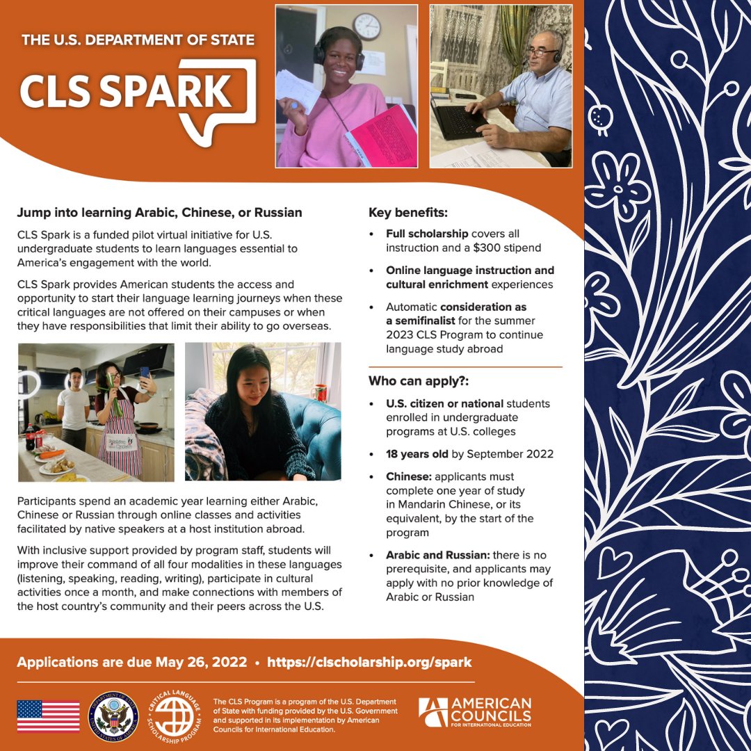 Are you interested in spending an academic year learning Arabic, Chinese, or Russian through online classes &amp; activities? 
CLS Spark is currently taking applications! 💻
*
*
*
Application Deadline: May 26
APPLY NOW!