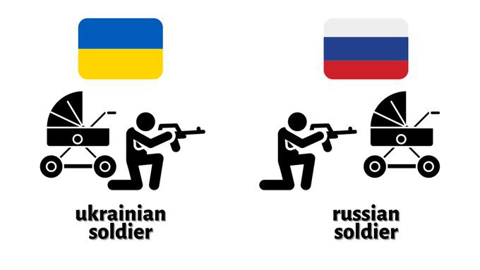 side by side a ukrainian soldier defends a pram, a russian soldier shoots at one
