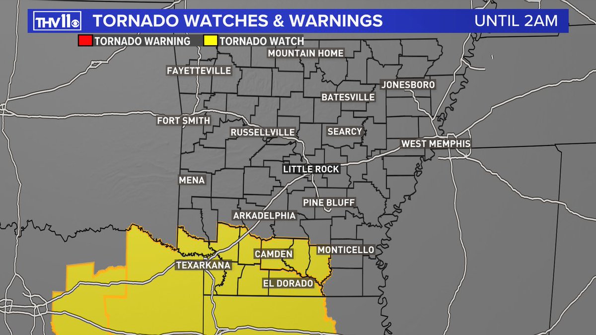 TBBrannon's tweet photo. TORNADO WATCH in effect until 2am Wednesday for southern and southwestern Arkansas. #arwx https://t.co/r816NTMGJZ