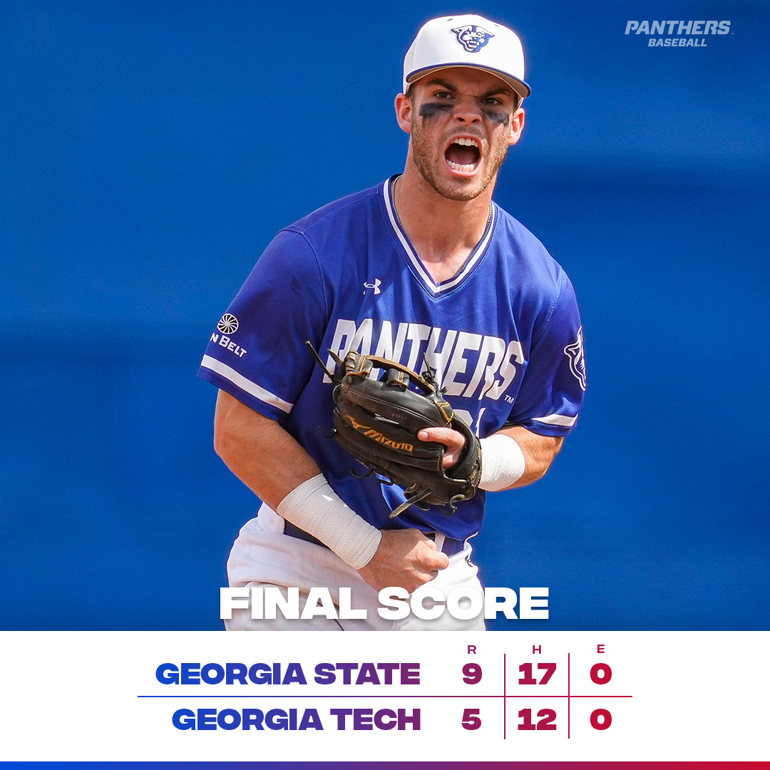 GSU_Base's tweet photo. EIGHT STRAIGHT WINS!

Panthers win at Tech for second straight year, improve to 23-10.

@Griff_Cheney21  2 HR, 3 RBI
@Smithj44_  3-4, HR, 3 RBI
@_deloo_ 2 RBI
@DYLAN_8721  WP

#OurCity | #BLB https://t.co/siY2DYV5CK