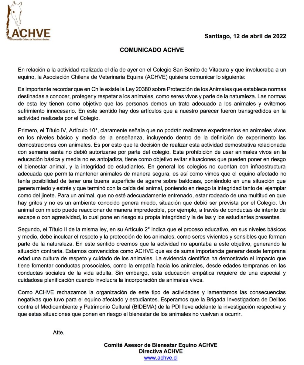 tamara_tadich's tweet photo. Les comparto la declaración de la Asociación Chilena de Veterinaria Equina @achve_vetequina respecto al caso de la mulita ayer en un colegio. @Mineduc @colmevetchile #BienestarAnimal https://t.co/R5X6vHsrln