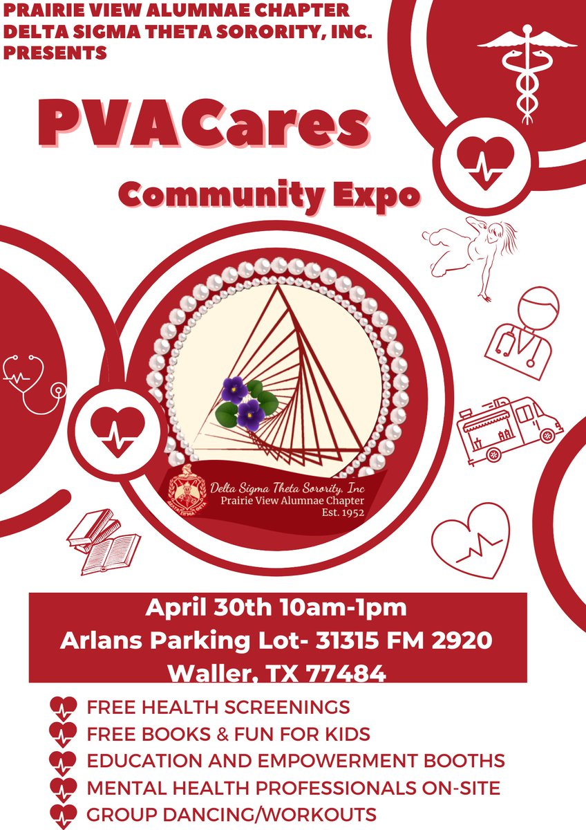 pvadst's tweet photo. April 30, 2022 Prairie View Alumnae Chapter  will host its free annual PVACares Community Expo. #PVACDST #PVAC #DST1913 https://t.co/4pGU77pwrL