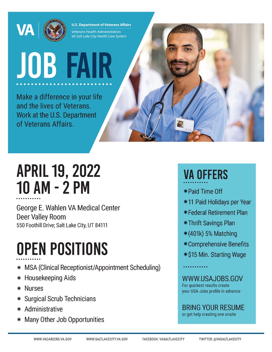 vasaltlakecity's tweet image. Make it your mission to serve Veterans. Come check out the job opportunities at VA Salt Lake City Health Care System during our upcoming job fair.

va.gov/salt-lake-city…