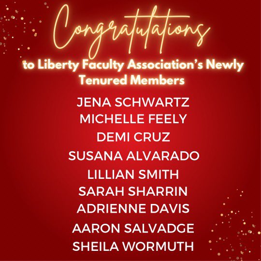 faculty_liberty's tweet image. The LFA is very happy to congratulate the newly tenured teachers. We are proud to have you here at Liberty! #libertyprideny