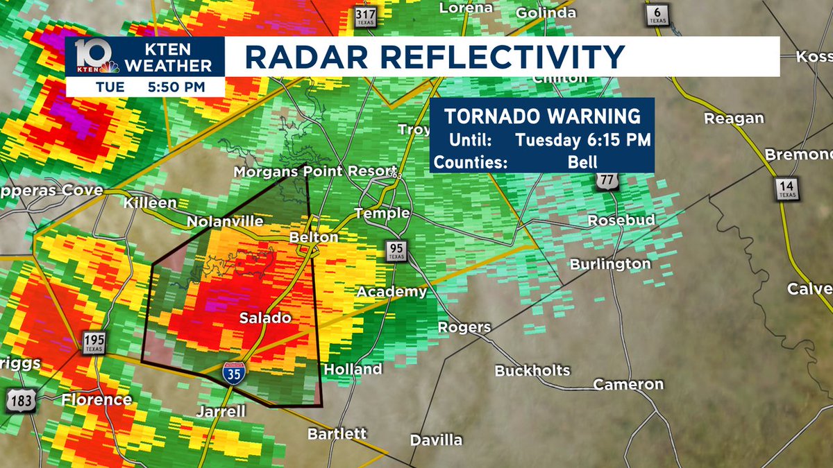 AmberN_WX's tweet photo. NOT TEXOMA |

Central TX friends, a large and potentially violent tornado near Salado, soon to cross I-35. Seek shelter now! This is moving east. https://t.co/HMnlrgVP3B