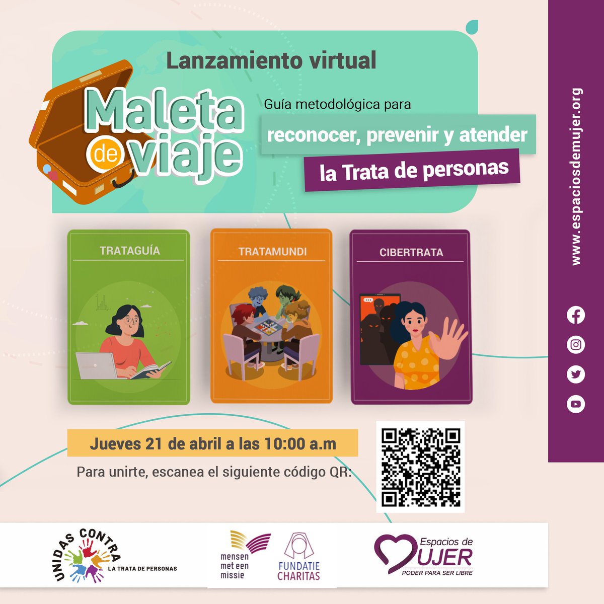 espaciosdemujer's tweet photo. Invitación para el lanzamiento de la Maleta de viaje, el kit lúdico – pedagógico de la #CorporaciónEspaciosDeMujer
Te esperamos el 21 de abril de 2022 a las 10:00 a. m. Bogotá. Únete a través del siguiente link:
https://t.co/3ruhporhao
También, escaneando el código de la imagen. https://t.co/L5GsrvsbCM