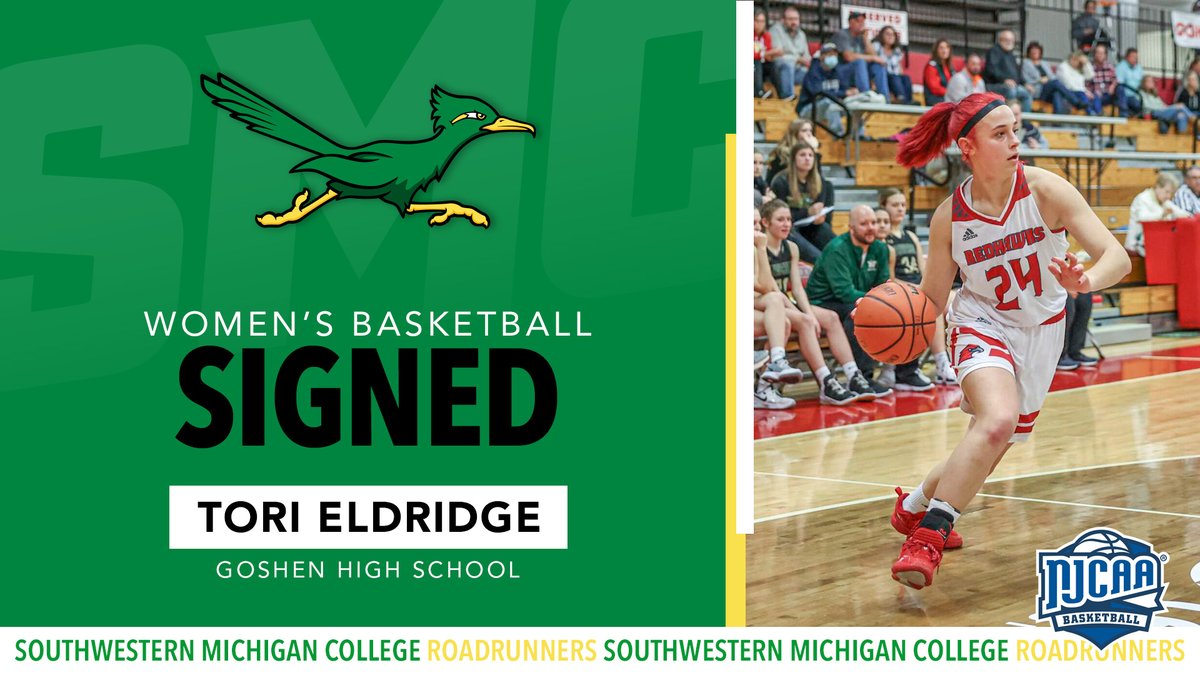 Green Roadrunner SIGNED graphics on the left and an action pic of Tori Eldridge with the ball on the right