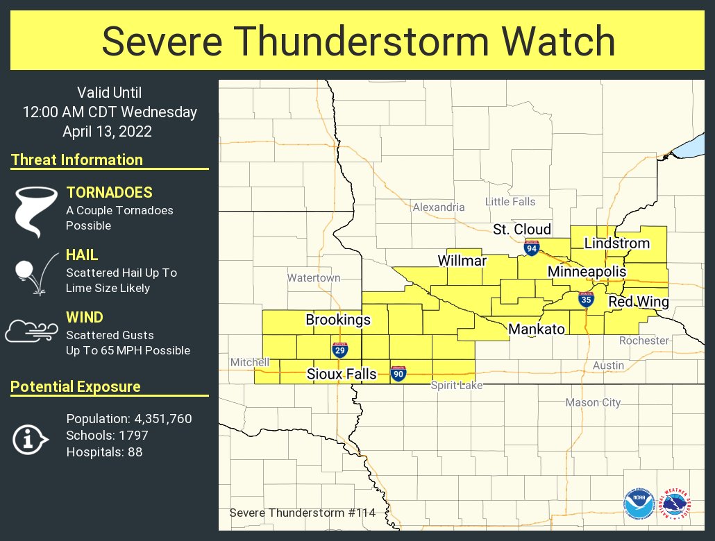 A severe thunderstorm watch has been issued for parts of Minnesota, South Dakota and Wisconsin until 12 AM CDT
