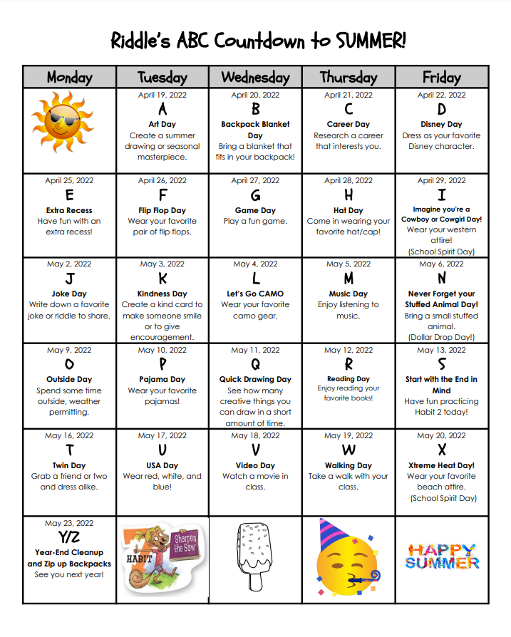 MattoonCUSD2's tweet photo. We can't believe that we are already at this point, but Tuesday (4/19) is the start of the ABC Countdown to Summer at Riddle Elementary!
Be sure to screenshot this to have after Spring Break!
#MCUSD2 #Mattoon #RiddleElementary https://t.co/clLCoDFkcl