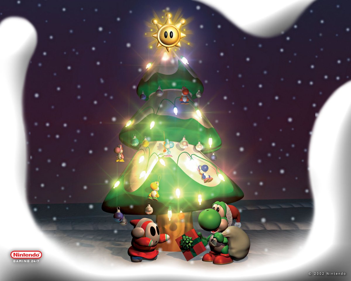 DailyMarioArt's tweet photo. A promotional wallpaper for Christmas 2002 featuring Yoshi handing out presents to a Snow Guy! #ShyGuy #CharacterOfTheWeek https://t.co/g1q36KKa6t