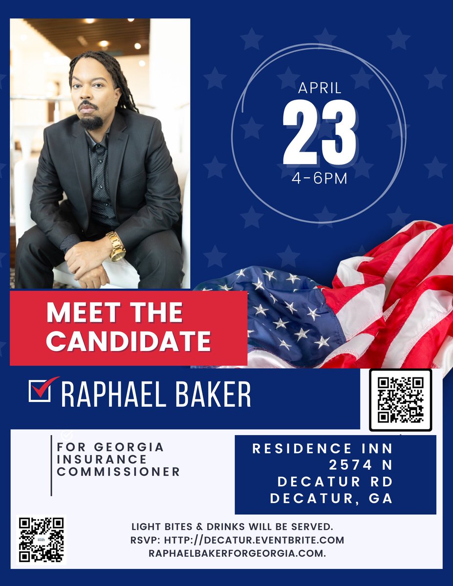 RaphaelBaker4GA's tweet photo. Meet the Candidate: Join me for conversation, networking, food & drinks next Saturday, April 23rd from 4-6pm. Hosted by the brand new Residence Inn in Decatur near Emory. RSVP info is on flyer. See you there!
#raphaelbakerforgeorgia #decatur #georgia #gotv #gapol #insurance https://t.co/19uIR2y4Ul