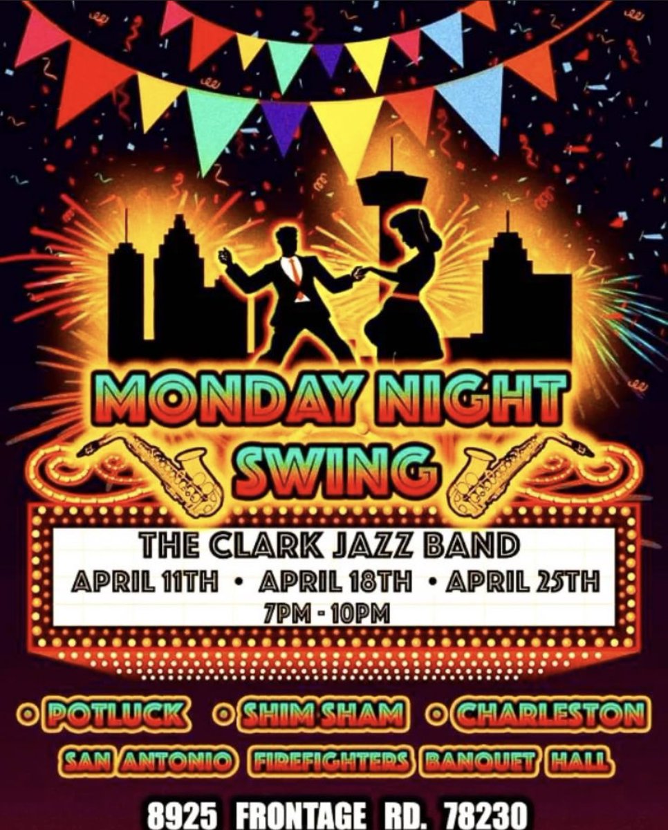 Perfect time to come see us and warm up for the Clark Swing Dance!! 🎉 Thank you to Alamo City Swing Revival for having us! 🎺🎷
