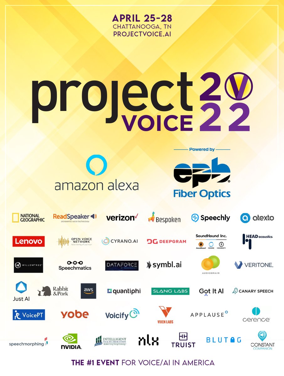 ProjectVoiceAI's tweet photo. Project Voice 2022
April 25-28, Chattanooga TN
The #1 event for voice/#AI in America

Program: https://t.co/FyVro6Tict

Registration: https://t.co/Be2Q52JDcP

LinkedIn event page: https://t.co/hHtMJiPbhX

#VoiceFirst #ProjectVoice #VUX #VUI #CX #AlexaDevs #AoGDevs #Innovation https://t.co/d7sgFKW0l5