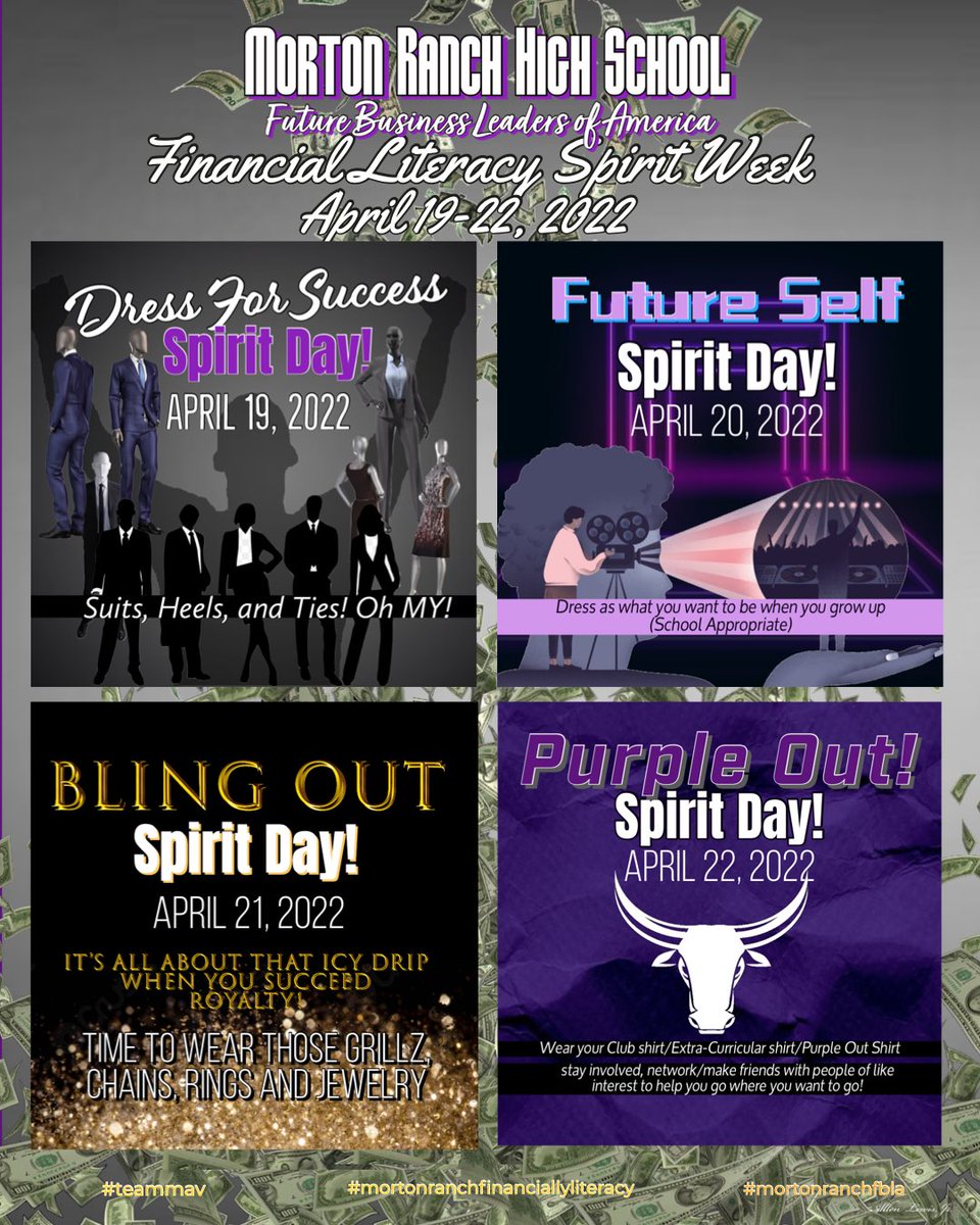 Mr_theLewis's tweet photo. Hey mavericks!  Our Future Business Leaders of America are hosting a financial literacy spirit week!  Great time to have fun and show your school spirit. #katyisd #ilovemortonranch #teammav #mortonranchfbla #financialliteracy @katyisd @MavFBLA @MRHSMavericks https://t.co/MvKgvB0cPu