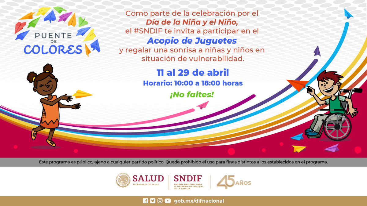DIF_NMX's tweet photo. Dona un juguete para las niñas y niños de las zonas más vulnerables del país para que este #DíaDeLaNiñez celebren entre juegos y sonrisas.

📍#SNDIF Av. Emiliano Zapata 340, Sta. Cruz Atoyac, Benito Juárez, CDMX
🗓️11 al 29 de abril
⏰10:00 a 18:00 h

¡Súmate al #PuenteDeColores! https://t.co/H5caw0eCBa
