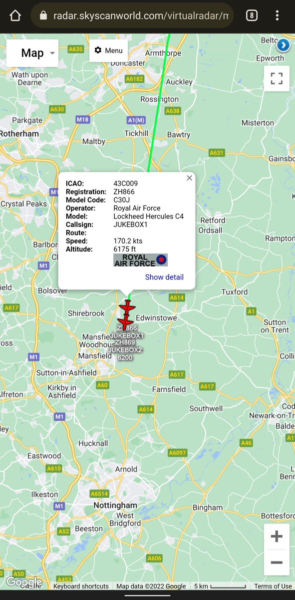 scan_sky's tweet photo. #JUKEBOX 🎶 Flight Currently Squawking 7700 - North Of #Nottingham 🇬🇧

#RAF - Lockheed C-130J-30 Hercules - #ZH869 - #JUKEBOX2

#RAF - Lockheed C-130J-30 Hercules - #ZH866 - #JUKEBOX1 https://t.co/a8sQZkKRwZ