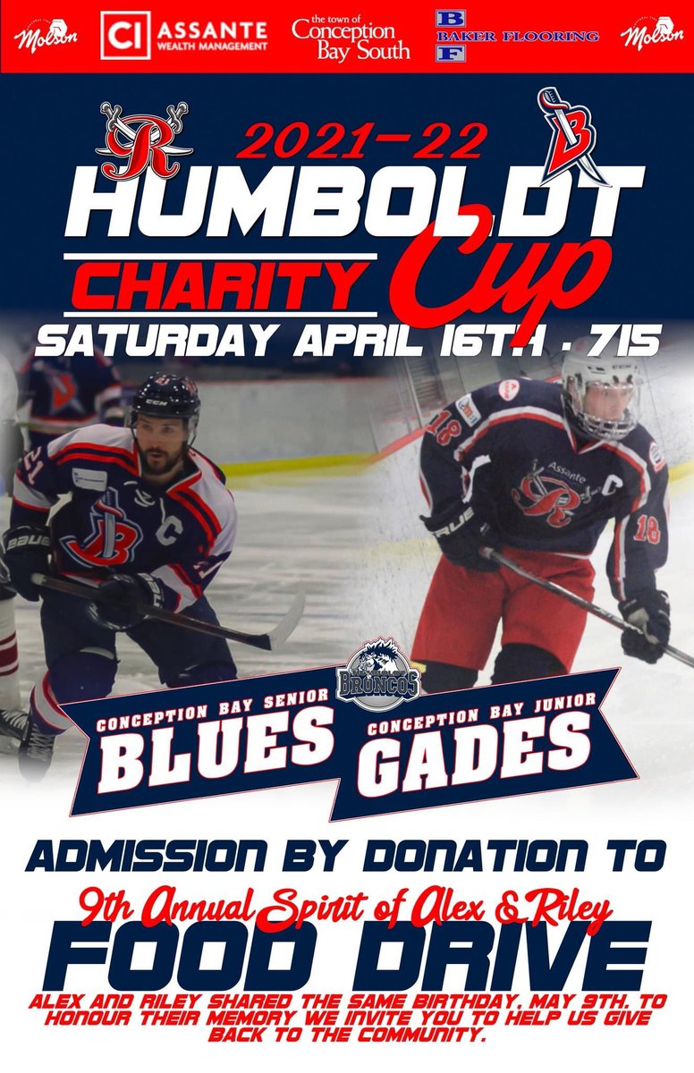 CBR_U15B's tweet photo. This years HUMBOLDT Cup will take place April 16th at 7:15PM, all proceeds will go to the 9th Annual Spirit of Alex and Riley Food Drive on May 9th. Come out and cheer on your favorite teams one last time this season, and support a great cause at the same time! #hockeystrong https://t.co/ThJvxzSX7O