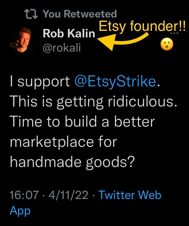 IndieSellersGld's tweet photo. O.O Etsy's FOUNDER supports us!  Spread this far and wide please, everyone!! 
#etsy #etsystrike #etsysellers #etsyshop #etsyseller #strike #vacationmode #boycottetsy #boycott https://t.co/FLdgcqPsn1