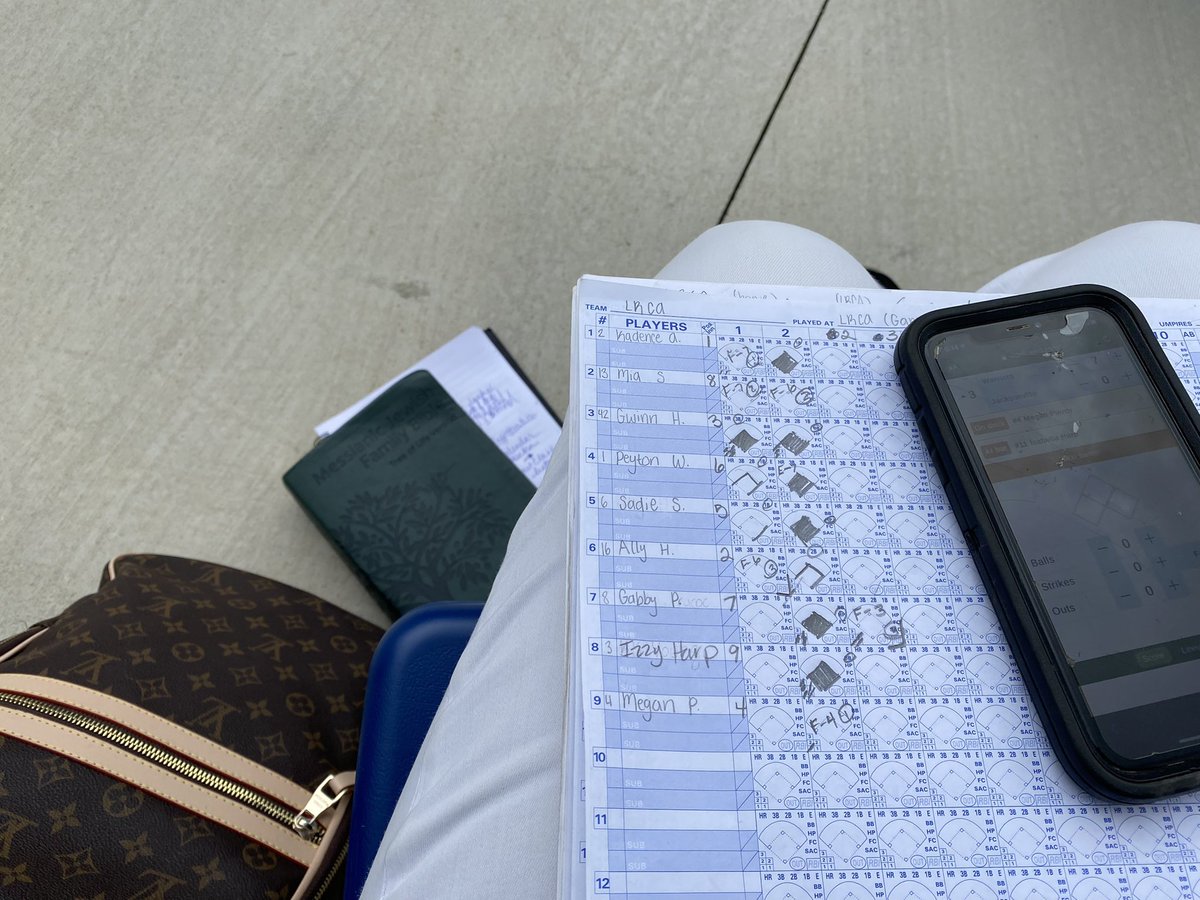 Celli_Whipple's tweet photo. This is what you call multi-tasking. Keeping book at Peytonโs softball game while keeping the live Facebook stats, preparing for a Bible lesson tomorrow and taking phone calls from your husband to secure a car rental because his flight was canceled. #Warriors #MomsWin https://t.co/uaTTPEgenK