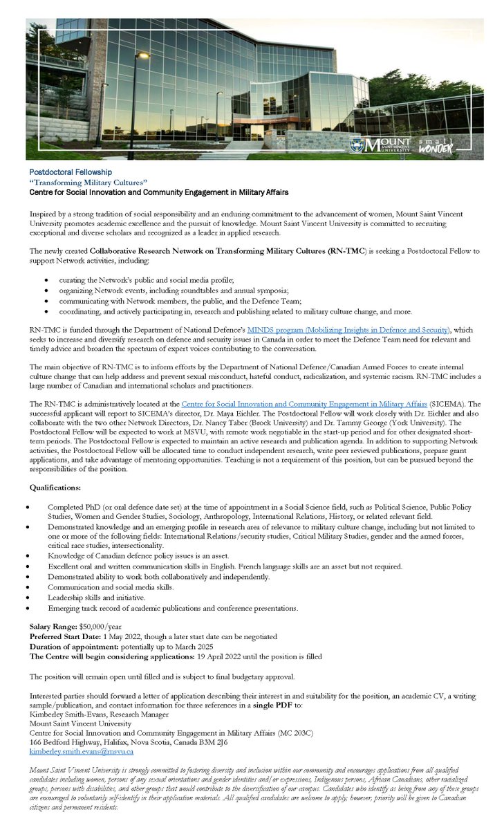 sicema_msvu's tweet photo. Our Centre is hiring a postdoctoral fellow for our new Collaborative Network on Transforming Military Cultures! Please spread the word, please apply. More details here: https://t.co/cDKiEzCbVc @WIISCanada @rn_wps @WPSNCanada @CIMVHR_ICRSMV @CdsnRcds @cpsa_acsp @isanet @DSF_Group https://t.co/N9jB4sfepE
