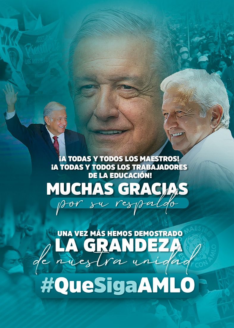 MaestrosAMLO's tweet photo. A todos los trabajadores de la educación, agradecemos su apoyo y respaldo. 
#QueSigaAMLO https://t.co/hGb9CgkQNt