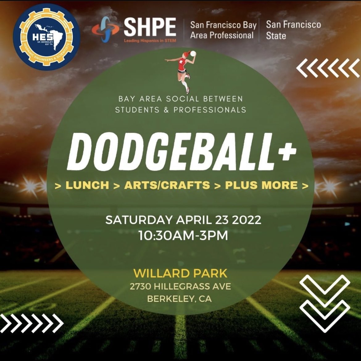 ANOTHER ONE?! Yes, we have another event for ya'll to save the date☺️ On April 23, join us for a joint social with SHPE-SFSU and SHPE-SFBA at Willard Park. A day full of buenas vibras y comida ☀️✨ Make sure to RSVP by 4/19: tinyurl.com/SocialDGBALL