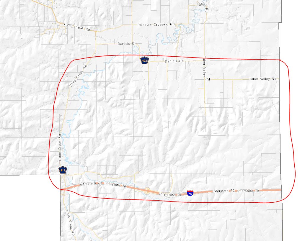 The fire is located near I-70 mile marker 322, in the area bordered by Daniels Road, Deep Creek Road and the eastern edge of Riley County.